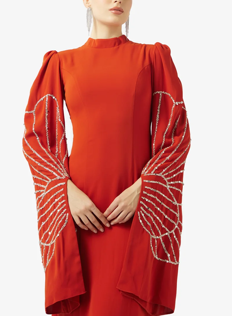 Akadia Fashion  BEADED WIDE SLEEVES CREPE DRESS for Women | Best Price UAE